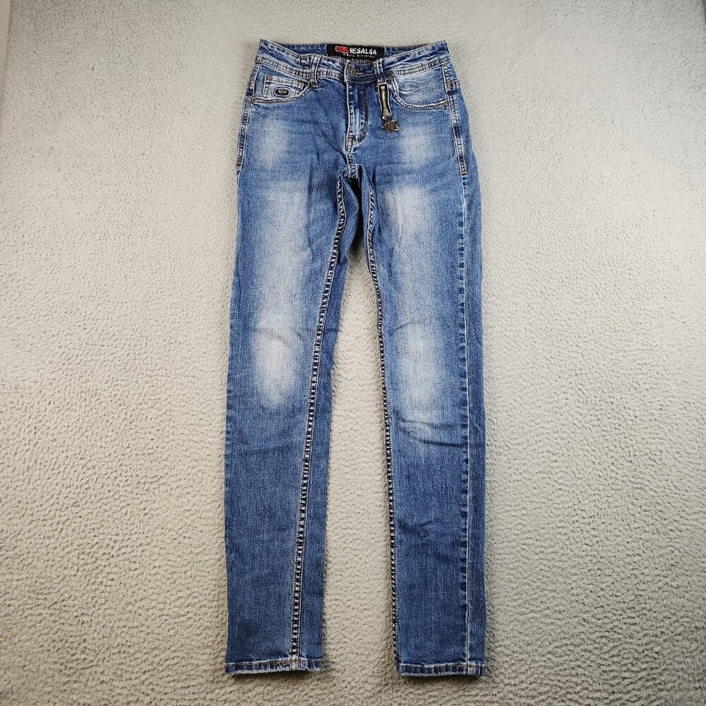 Womens Blue Denim Resalsa Skinny Ankle Jean Size 27 Stretch Faded Star Charm Zip